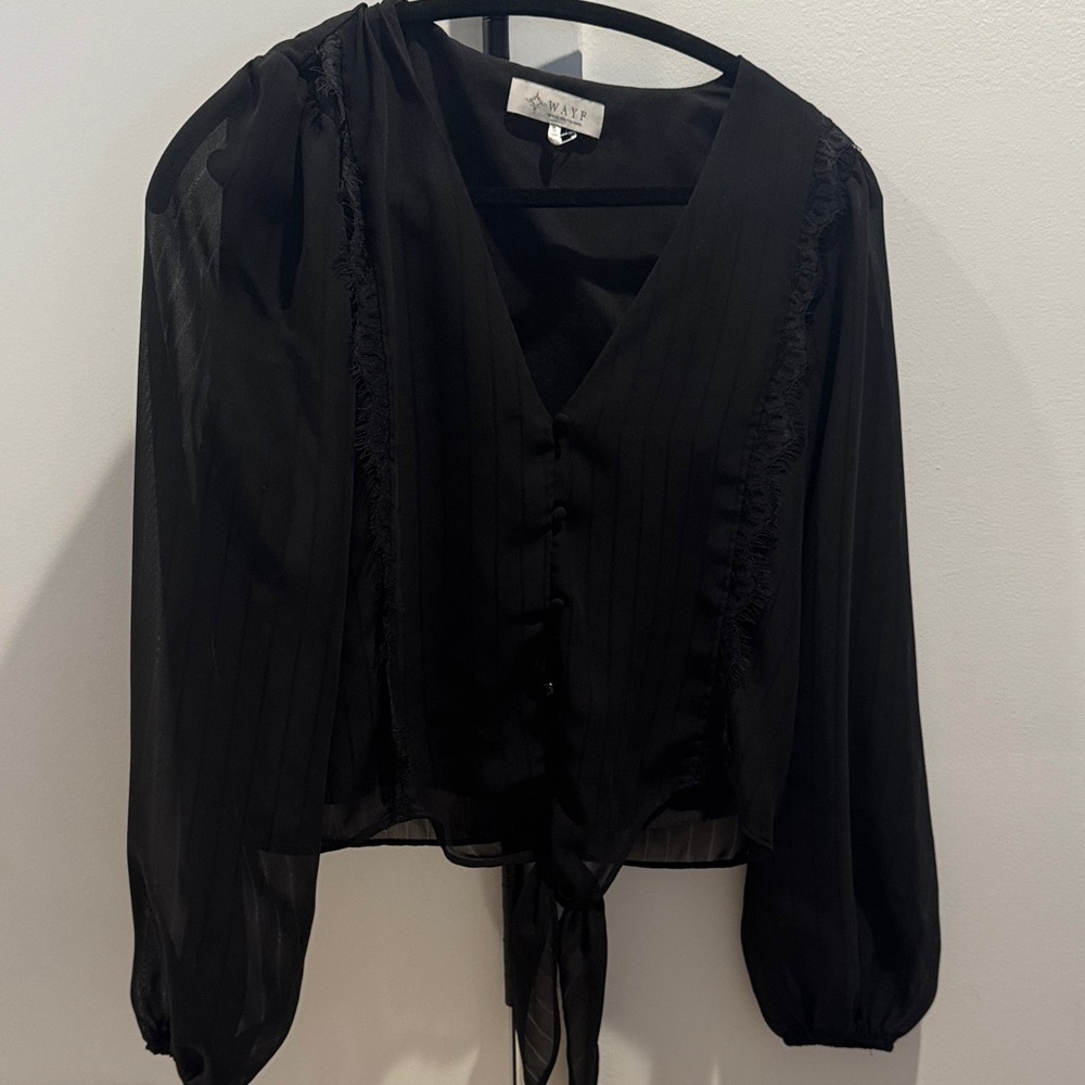 Wayf Black Sheer Blouse with Tie Detail